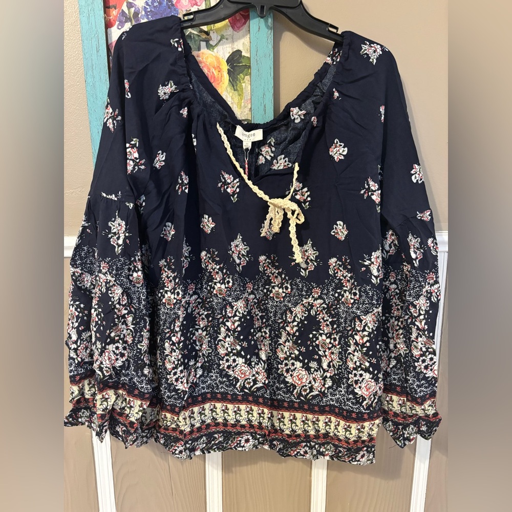Umgee Navy Floral Boho Peasant Tunic with Tassel Tie